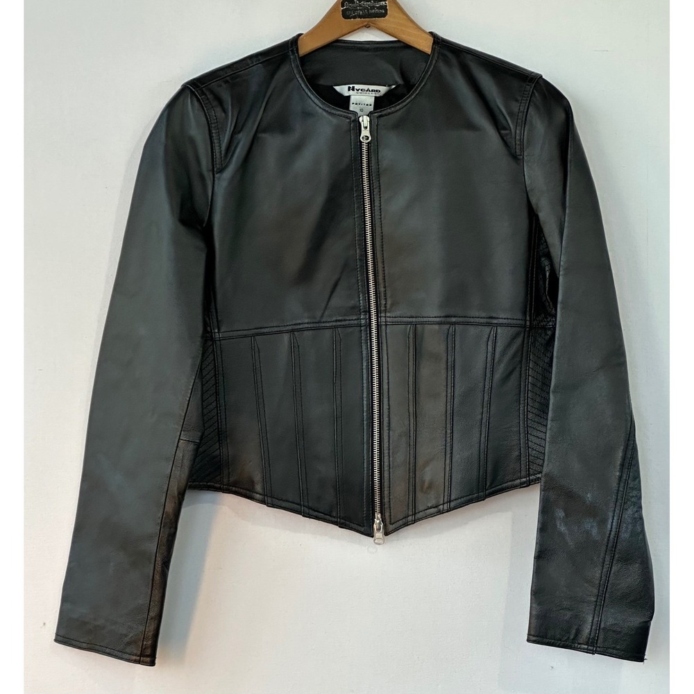 Nygard Collection Leather Jacket Zip Front Corset Detail Womens 10P Black Good